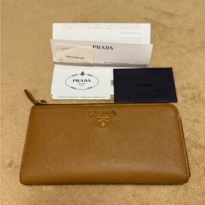 Authentic Prada Caramel Saffiano Metal Half Zip Wallet